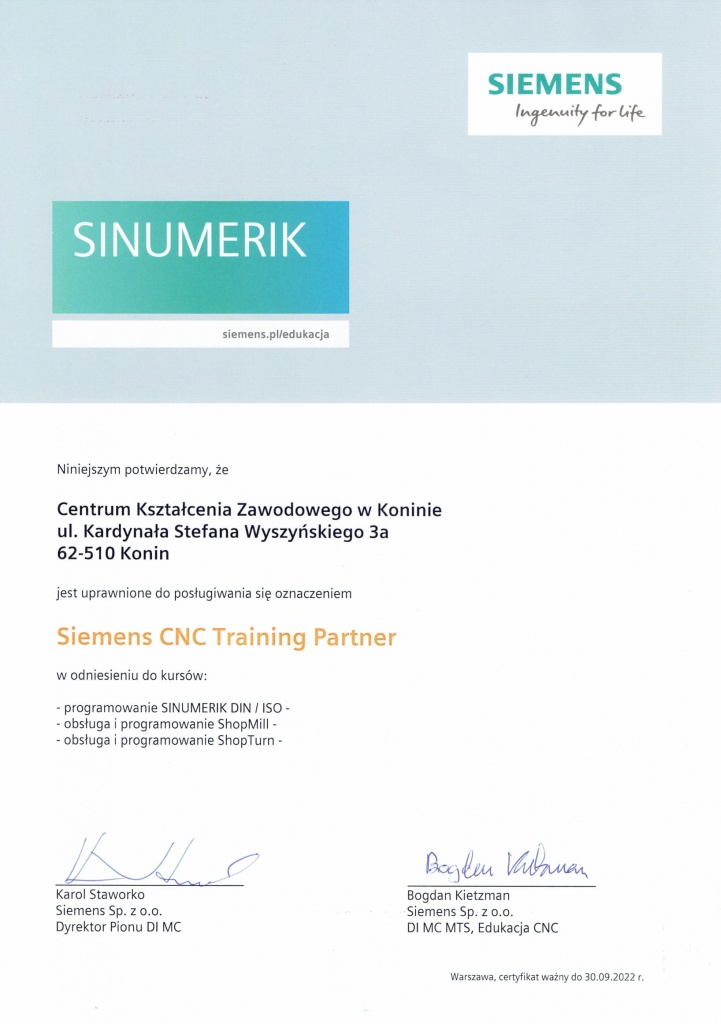 Certyfikat Siemens CNC Training Partner